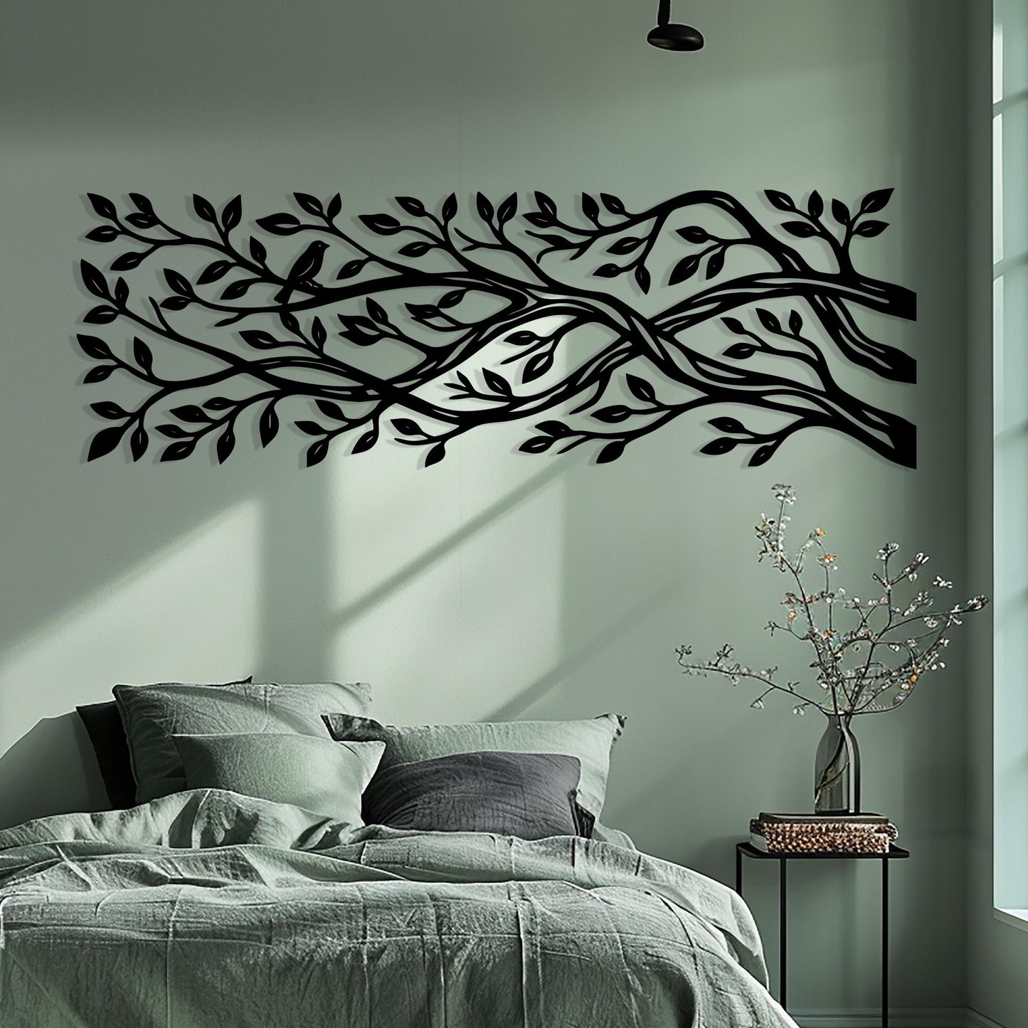 Metal Tree Branch Wall Art, Large Horizontal Bird Sign, Panoramic Nature Decor | Wallsignature