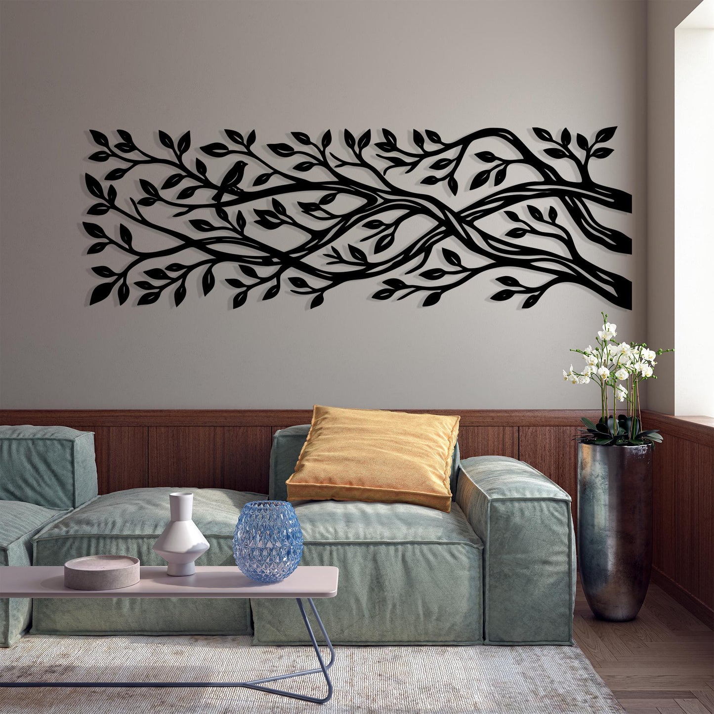 Metal Tree Branch Wall Art, Large Horizontal Bird Sign, Panoramic Nature Decor | Wallsignature
