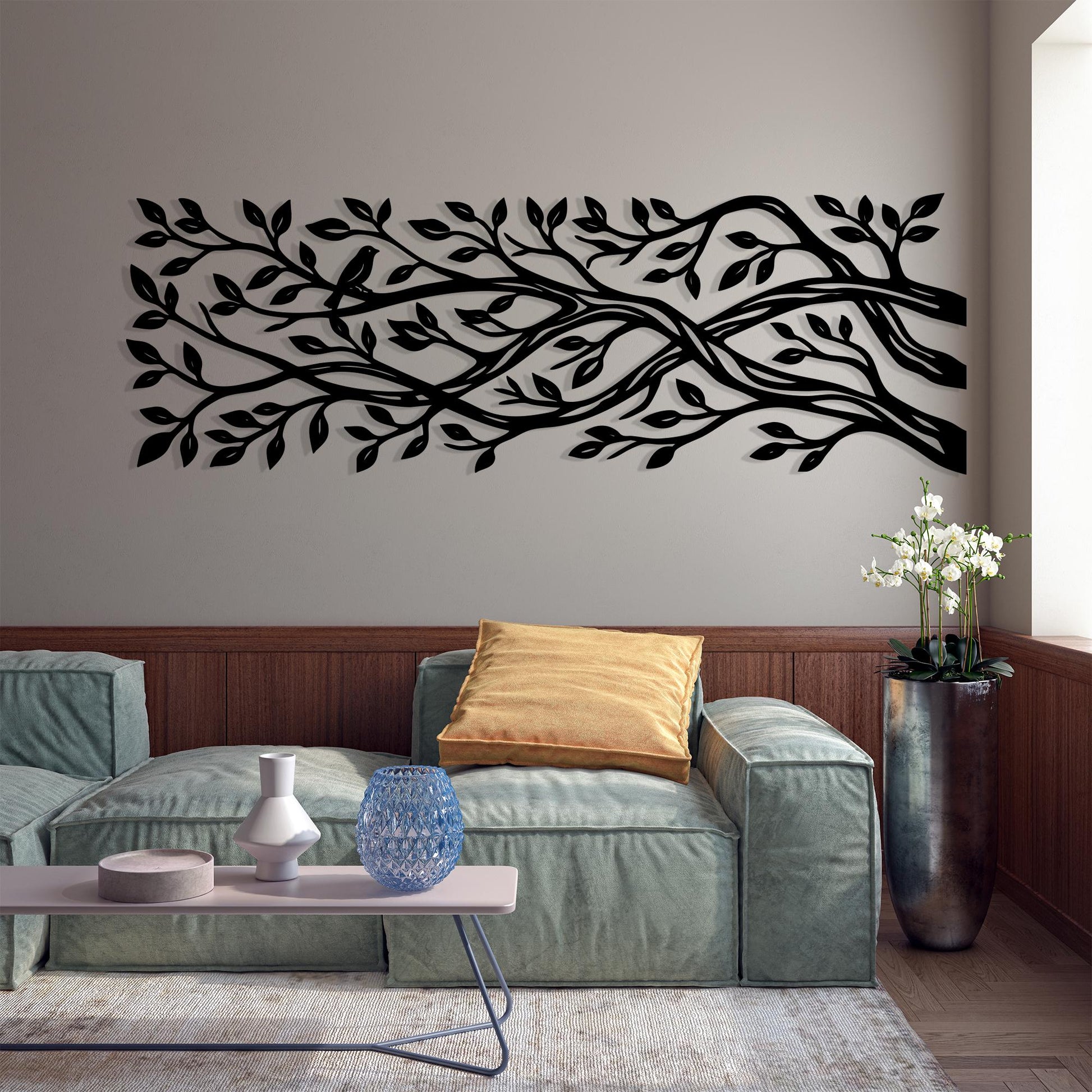 Metal Tree Branch Wall Art, Large Horizontal Bird Sign, Panoramic Nature Decor | Wallsignature