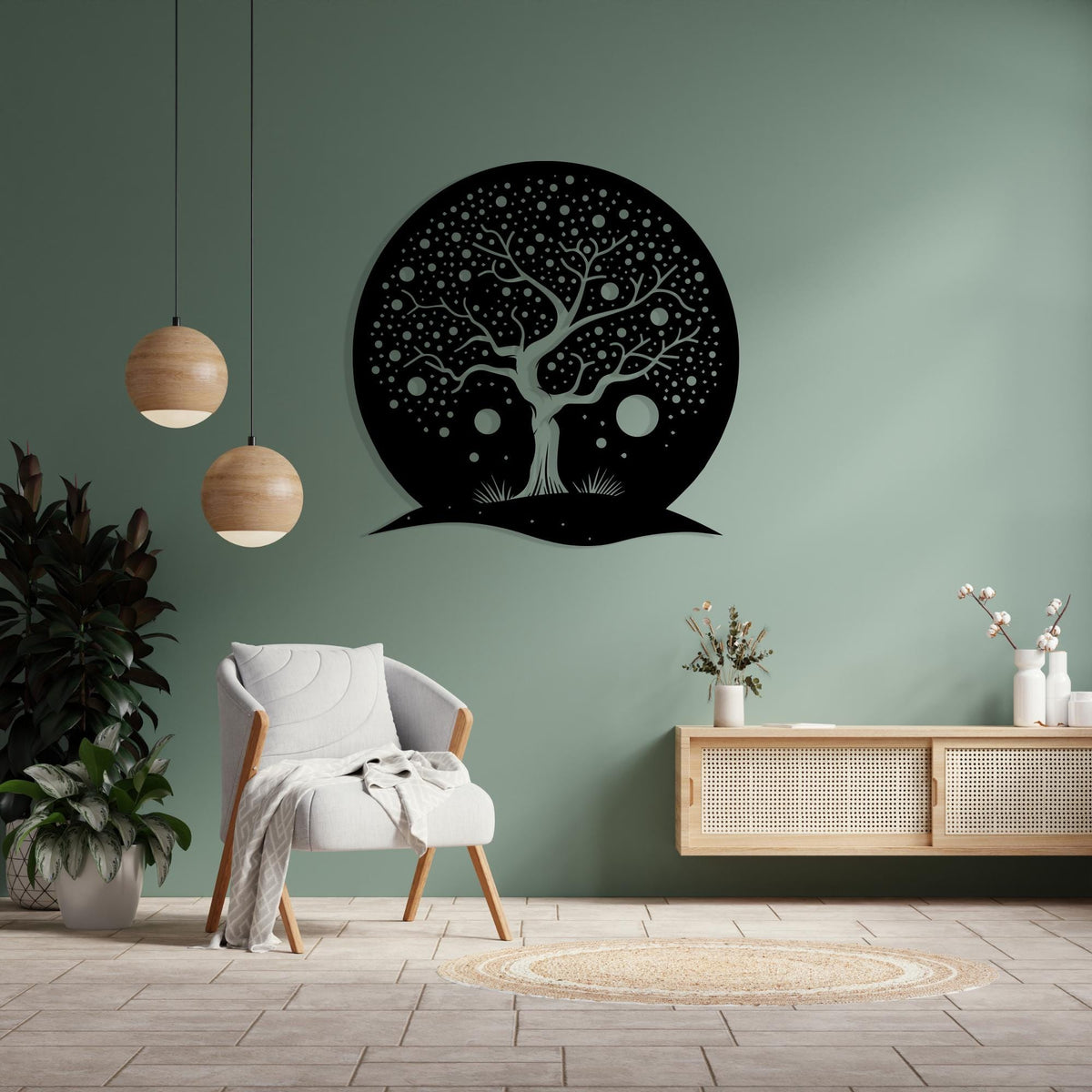 Whimsical Tree of Life Wall Art size guide with dimensions in cm and inches