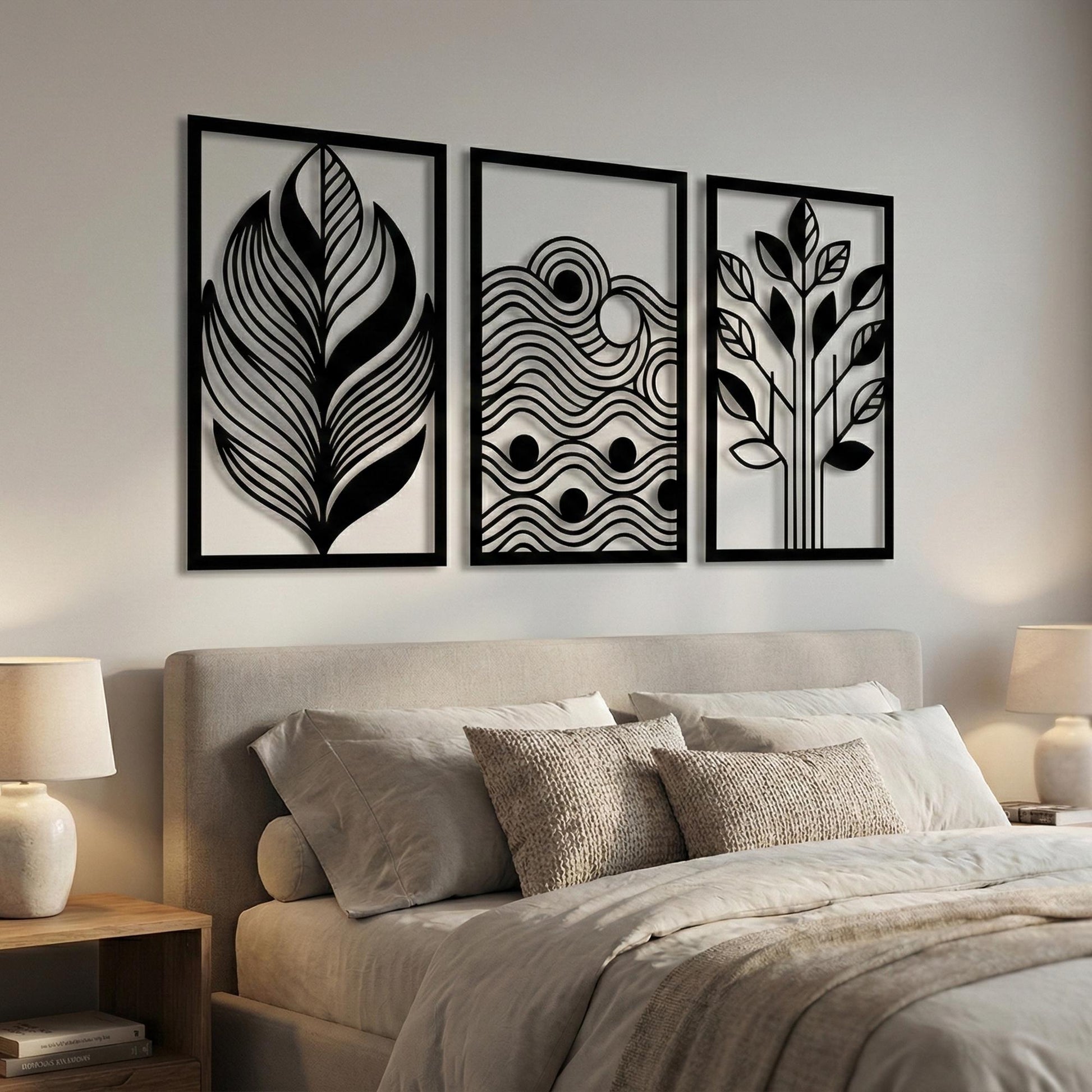 Set of 3 Nature Metal Wall Art, Leaf Wave Tree Decor, Modern Triptych | Wallsignature