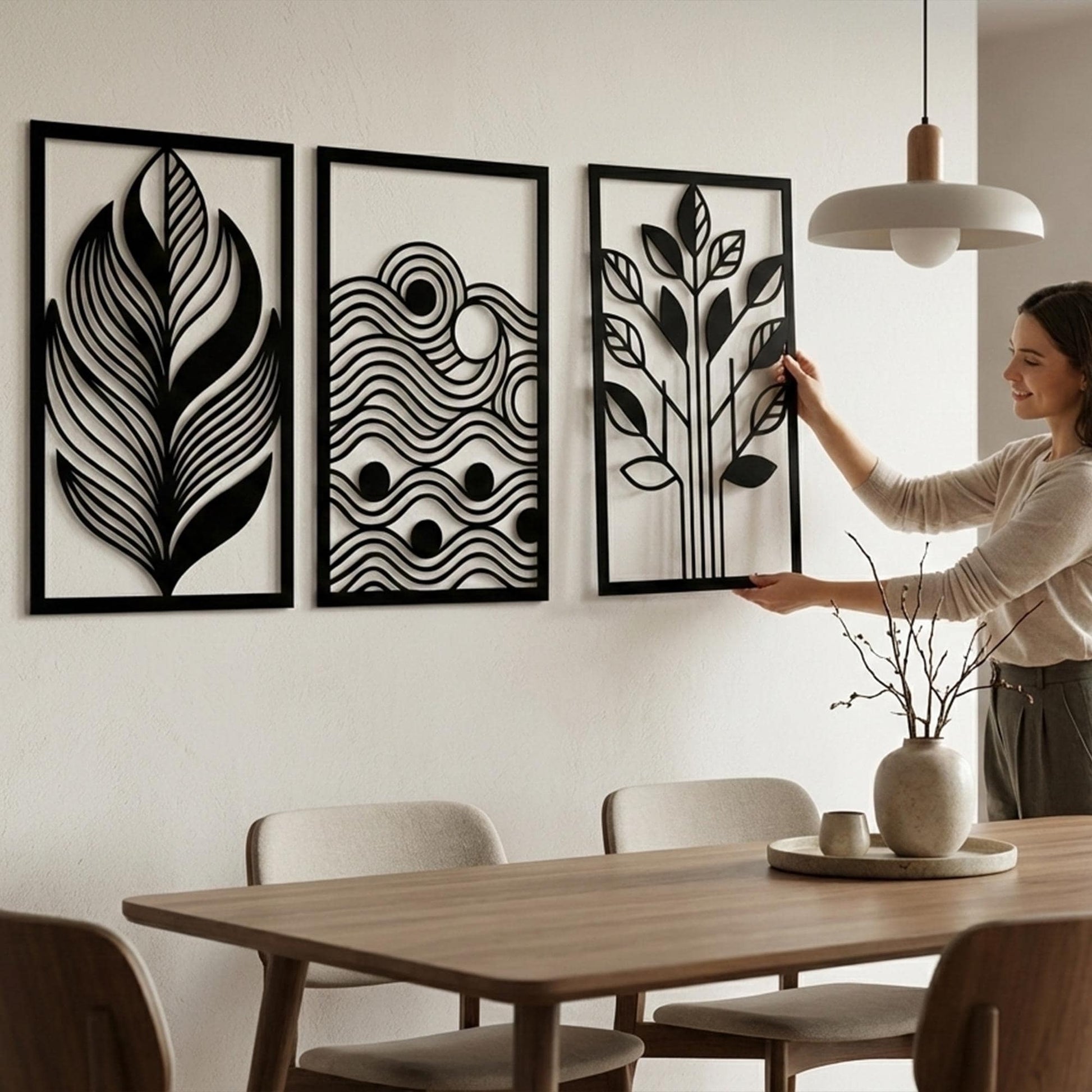 Set of 3 Nature Metal Wall Art, Leaf Wave Tree Decor, Modern Triptych | Wallsignature
