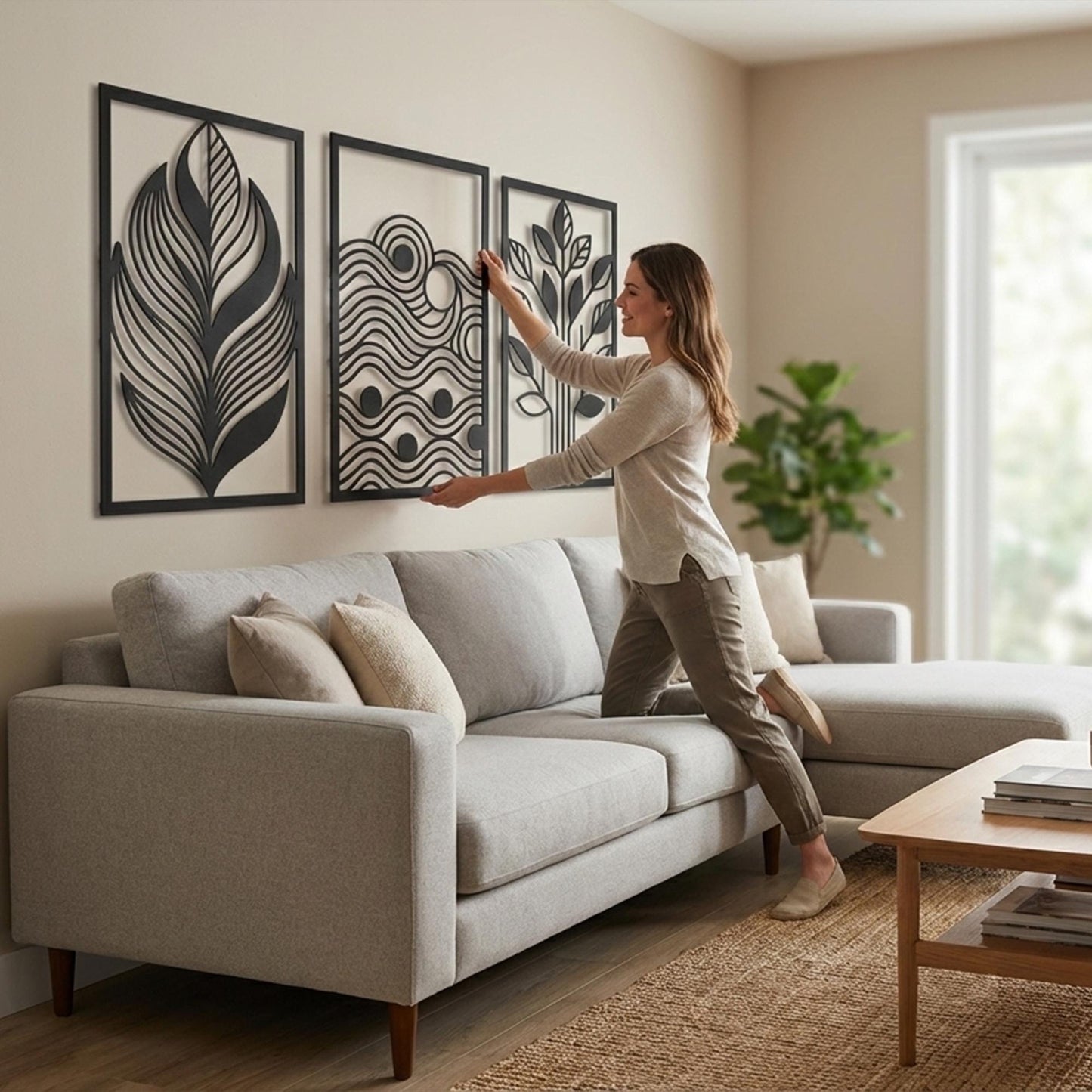 Set of 3 Nature Metal Wall Art in a modern hallway