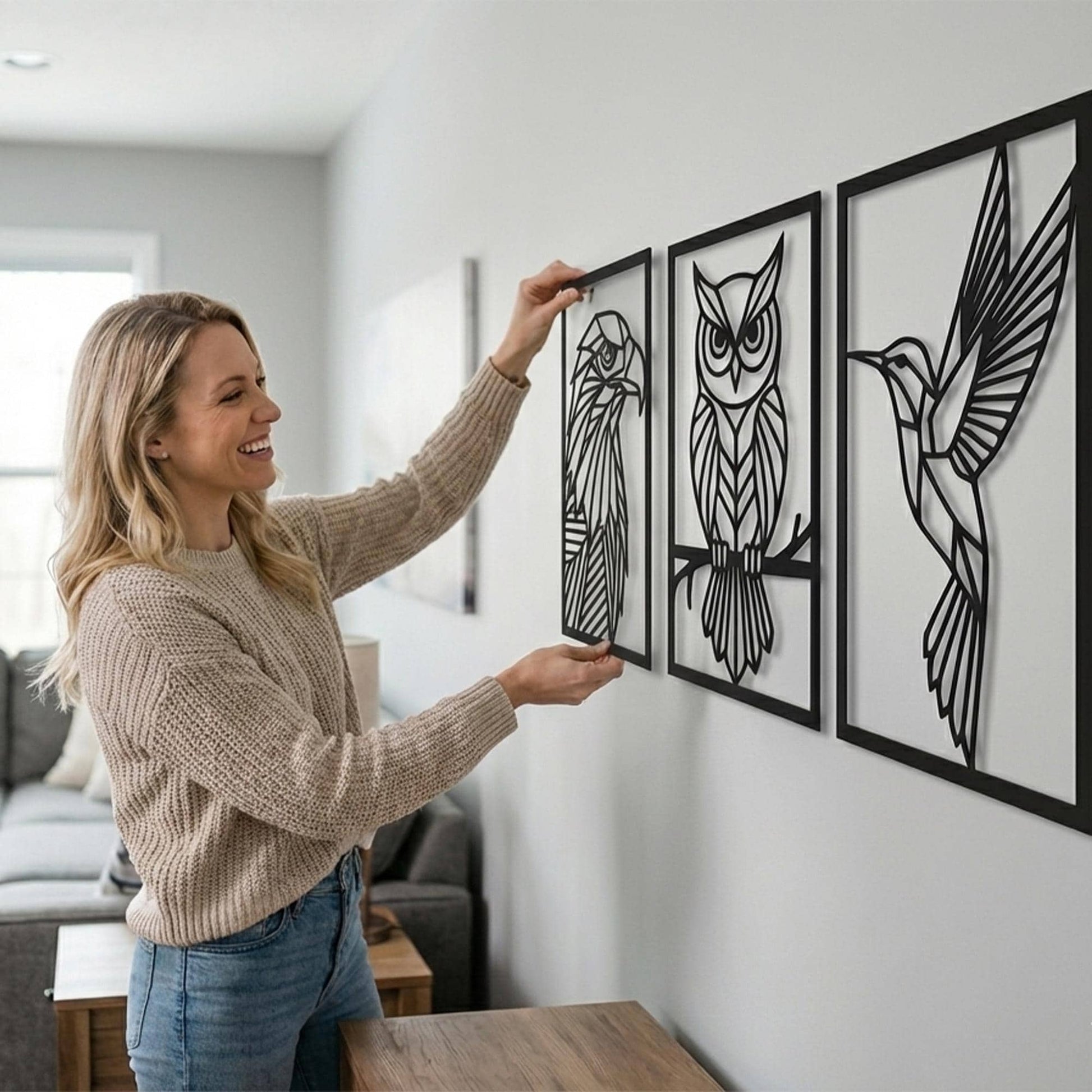 Geometric Bird Metal Wall Art Set, Eagle, Owl, Hummingbird, Modern Nature Decor | Wallsignature