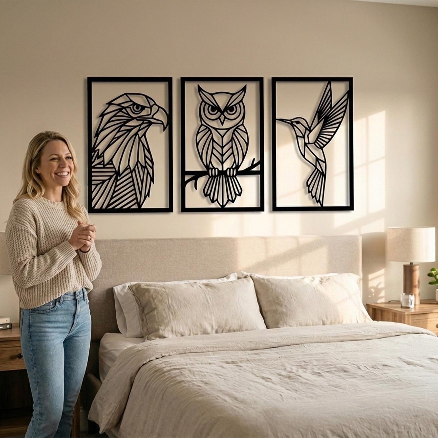 Geometric Bird Metal Wall Art Set, Eagle, Owl, Hummingbird, Modern Nature Decor | Wallsignature