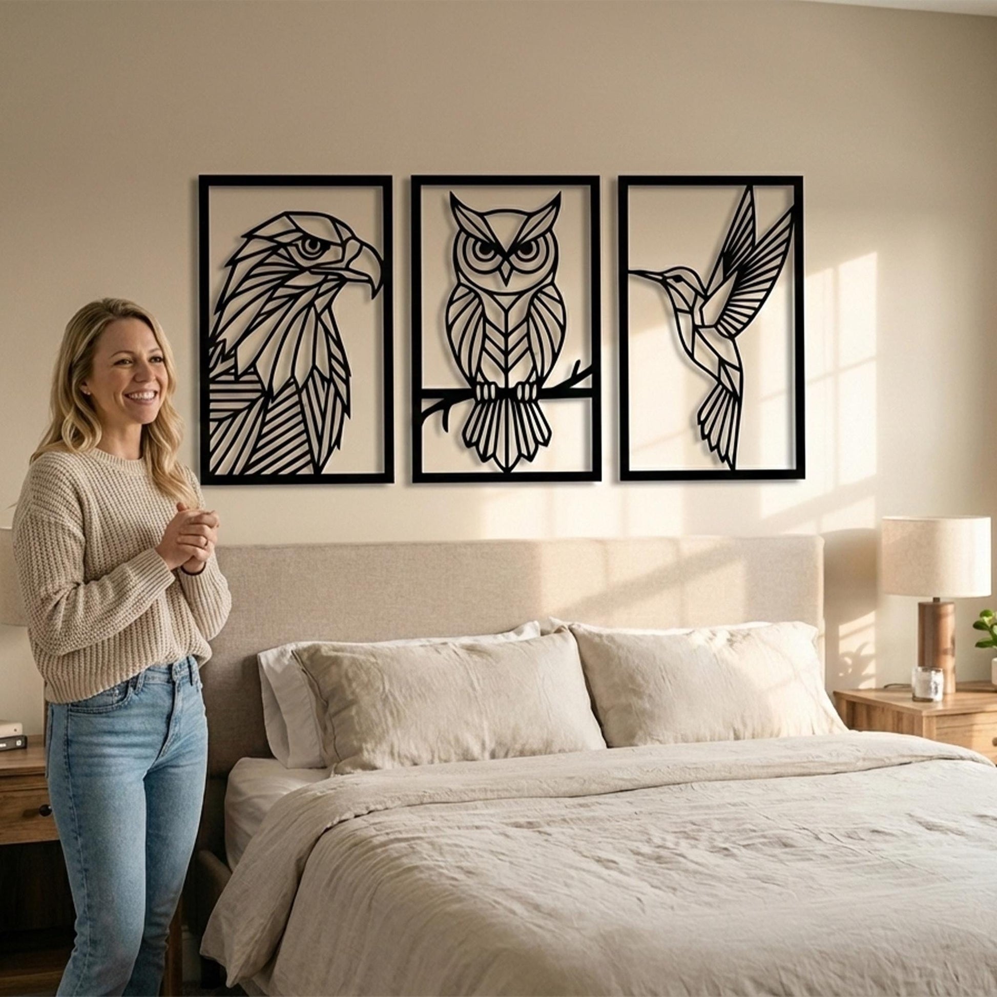 Geometric Bird Metal Wall Art Set, Eagle, Owl, Hummingbird, Modern Nature Decor | Wallsignature