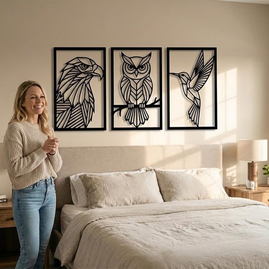 Geometric Bird Metal Wall Art Set shown on a living room wall
