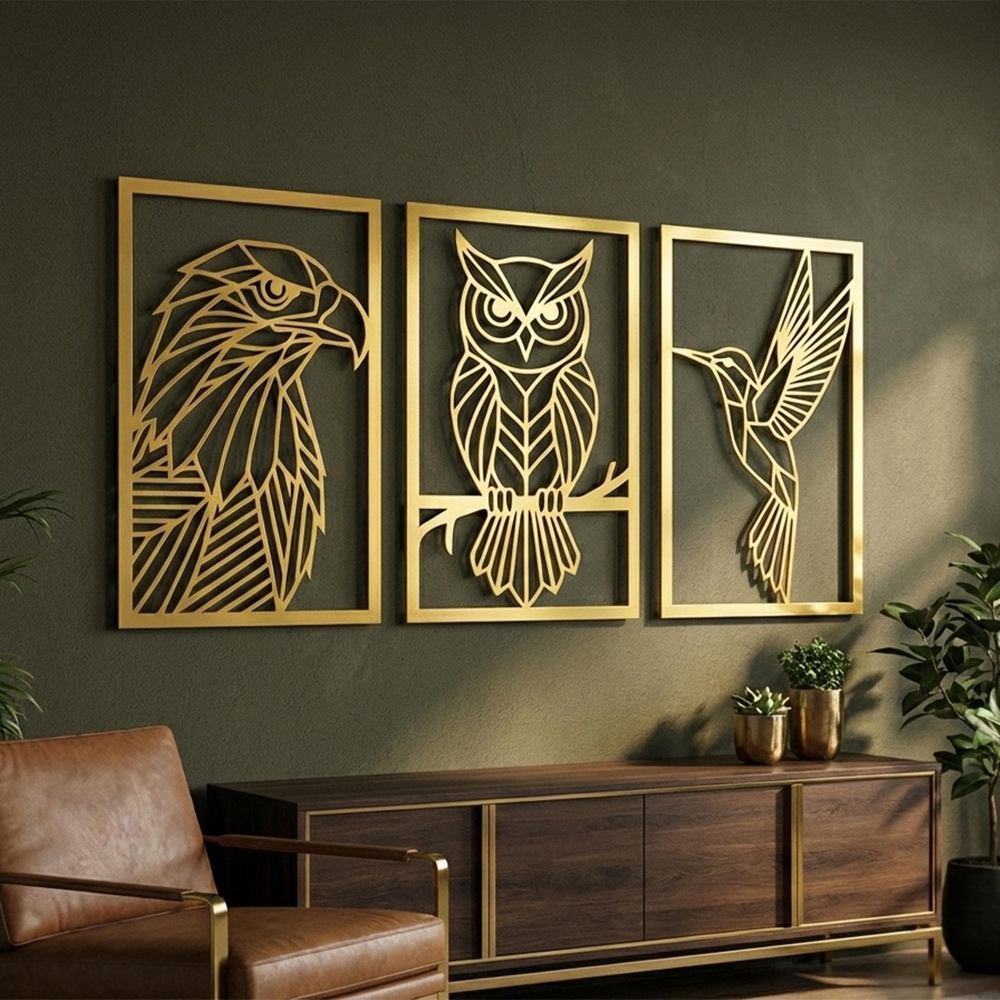 Geometric Bird Metal Wall Art Set, Eagle, Owl, Hummingbird, Modern Nature Decor | Wallsignature
