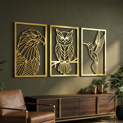 Geometric Bird Metal Wall Art Set styled above a sofa