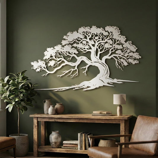Large Oak Tree Metal Wall Art shown on a living room wall