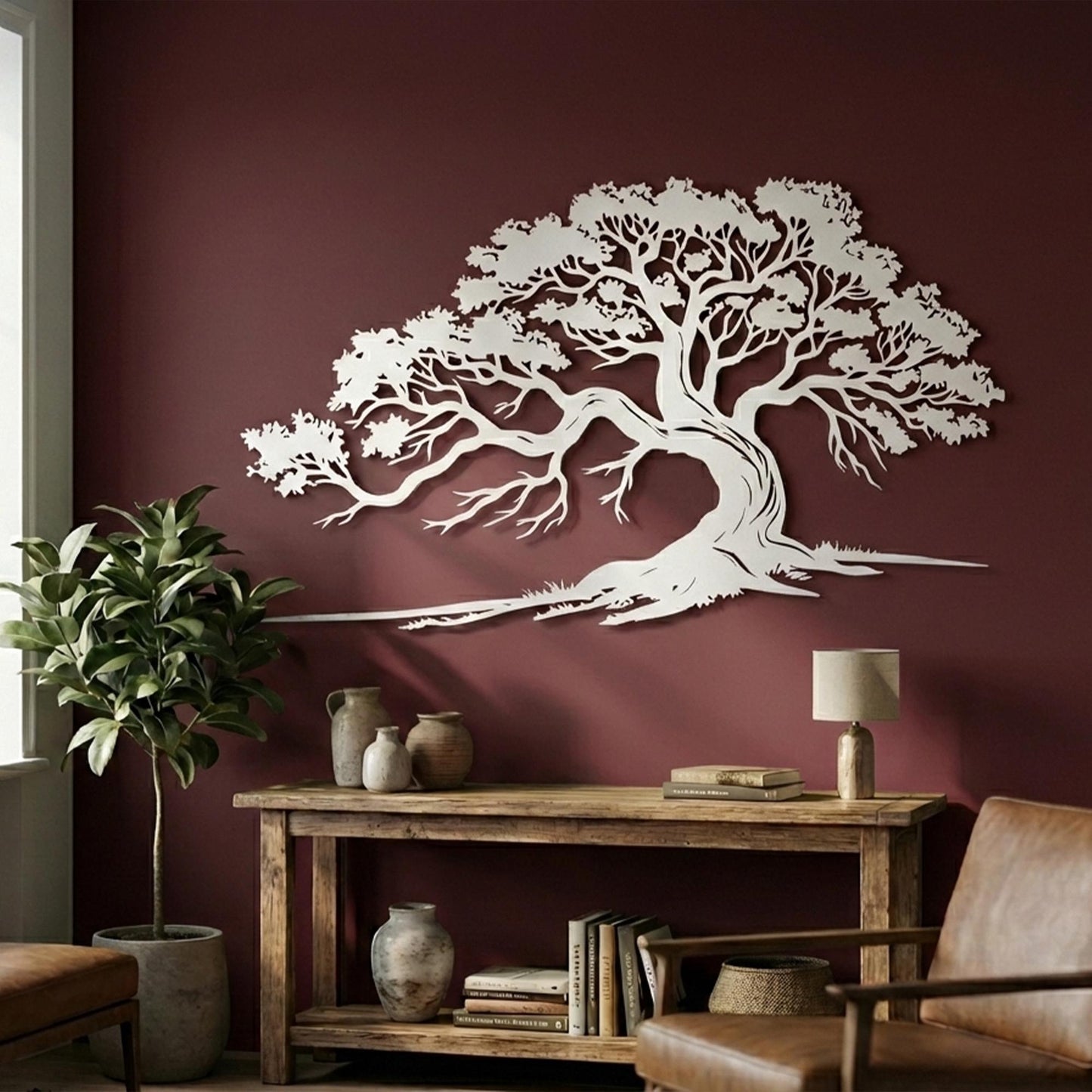 Large Oak Tree Metal Wall Art hanging hardware and mounting detail