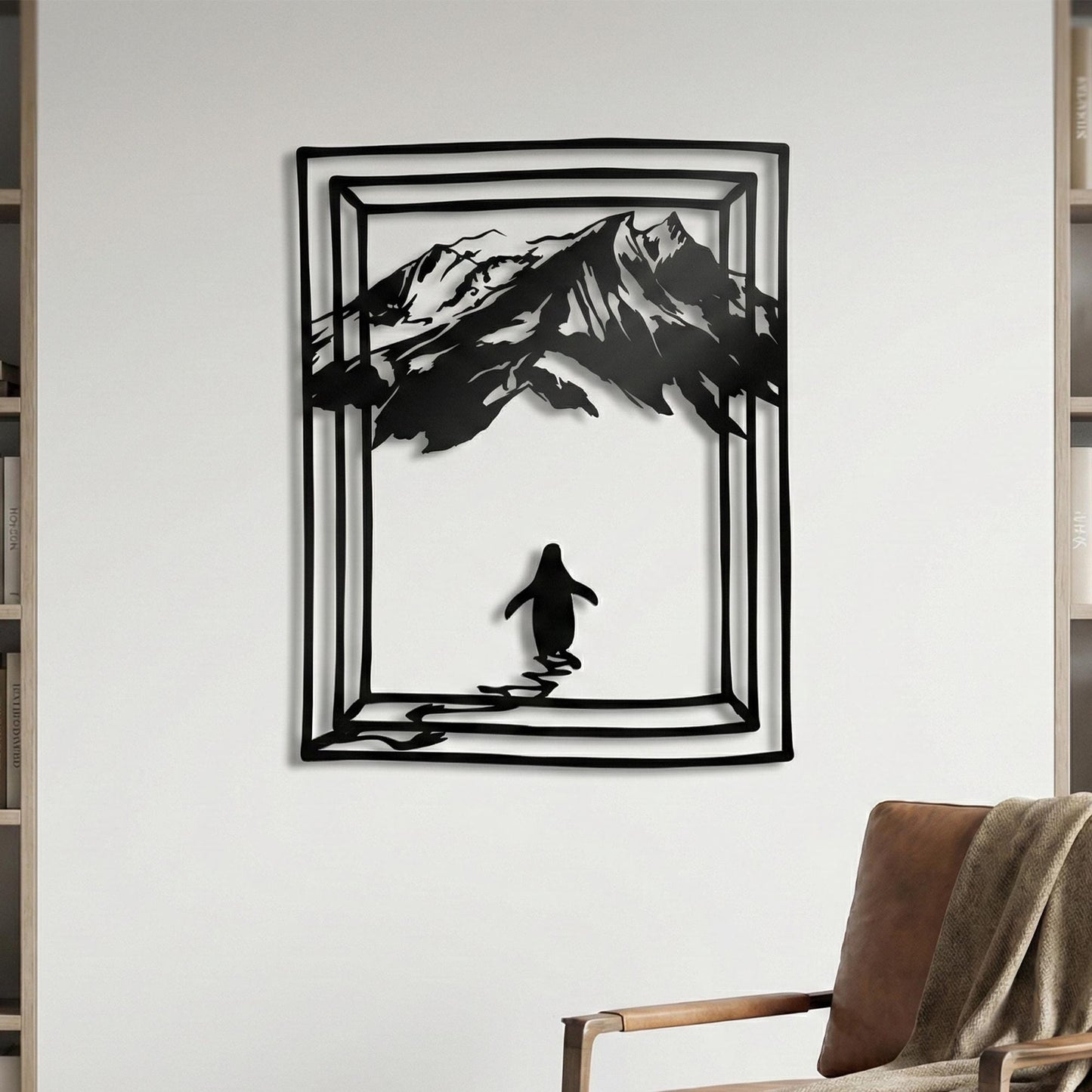 Metal Penguin Wall Art - Mountain Nature Decor - Modern Geometric Wildlife Sign - Unique Animal Gift – laser-cut steel wall d