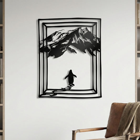 Metal Penguin Wall Art - Mountain Nature Decor - Modern Geometric Wildlife Sign - Unique Animal Gift – laser-cut steel wall d