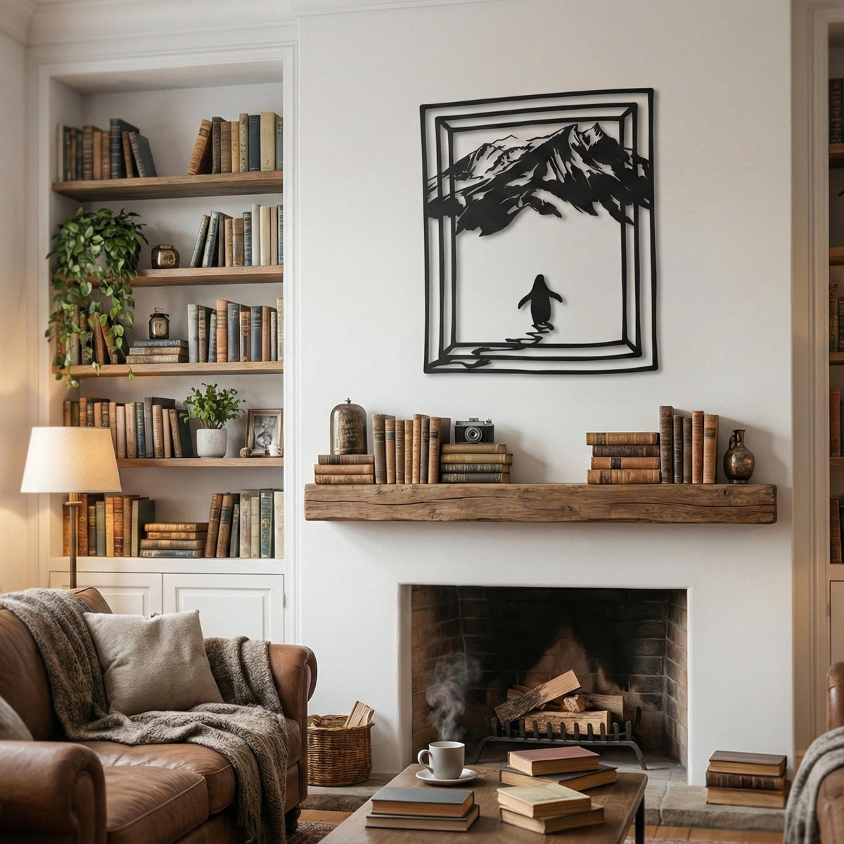 Metal Penguin Wall Art - Mountain Nature Decor - Modern Geometric Wildlife Sign - Unique Animal Gift shown on a living room w