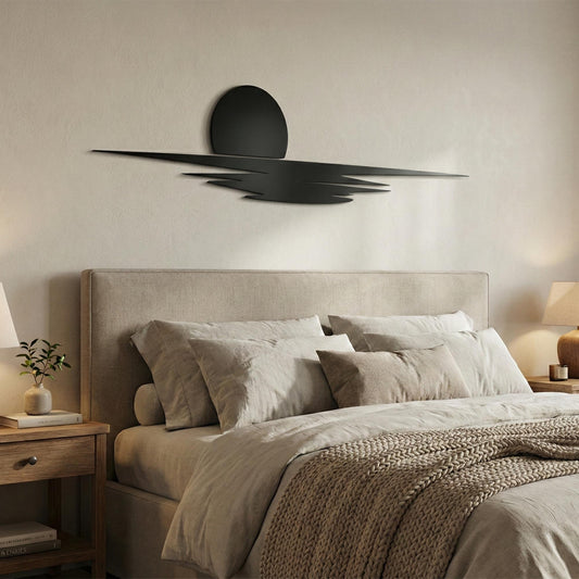 Minimalist Sun Horizon Metal Wall Art shown on a living room wall