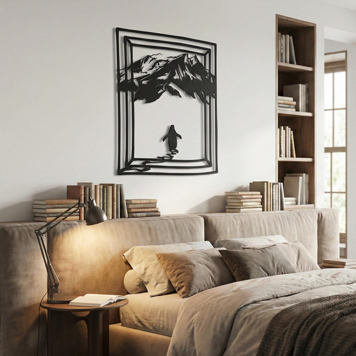 Metal Penguin Wall Art - Mountain Nature Decor - Modern Geometric Wildlife Sign - Unique Animal Gift in a modern hallway