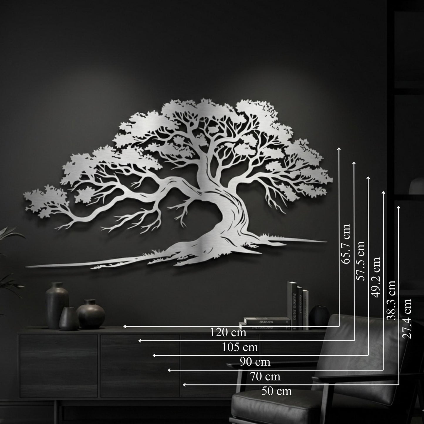 Large Oak Tree Metal Wall Art size guide with dimensions in cm and inches