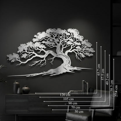 Large Oak Tree Metal Wall Art size guide with dimensions in cm and inches