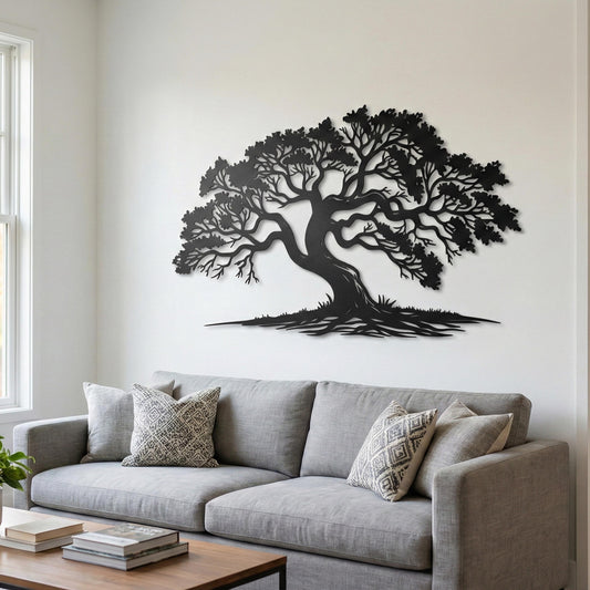 Large Metal Tree of Life Wall Art shown on a living room wall