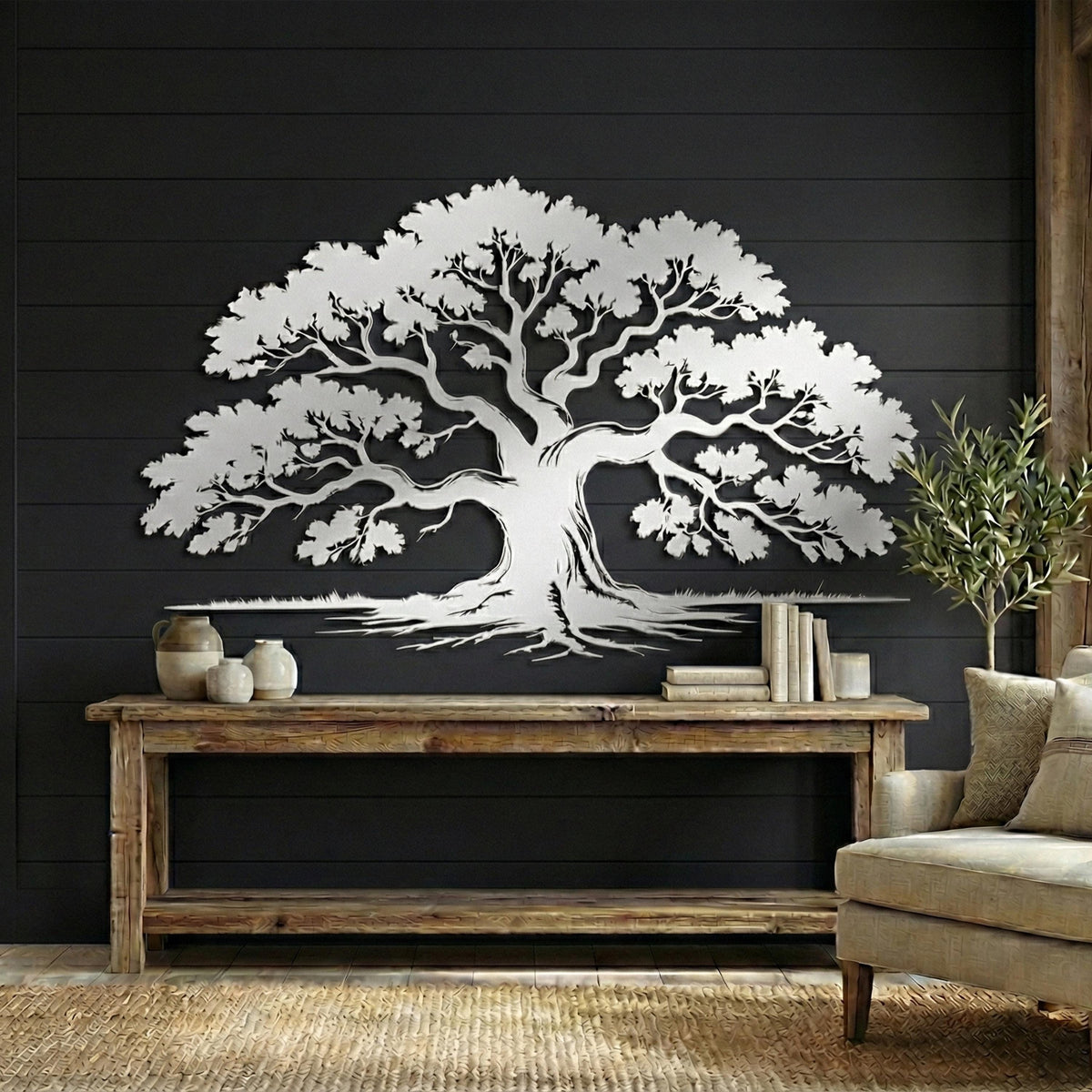 Metal Tree of Life Wall Art size guide with dimensions in cm and inches