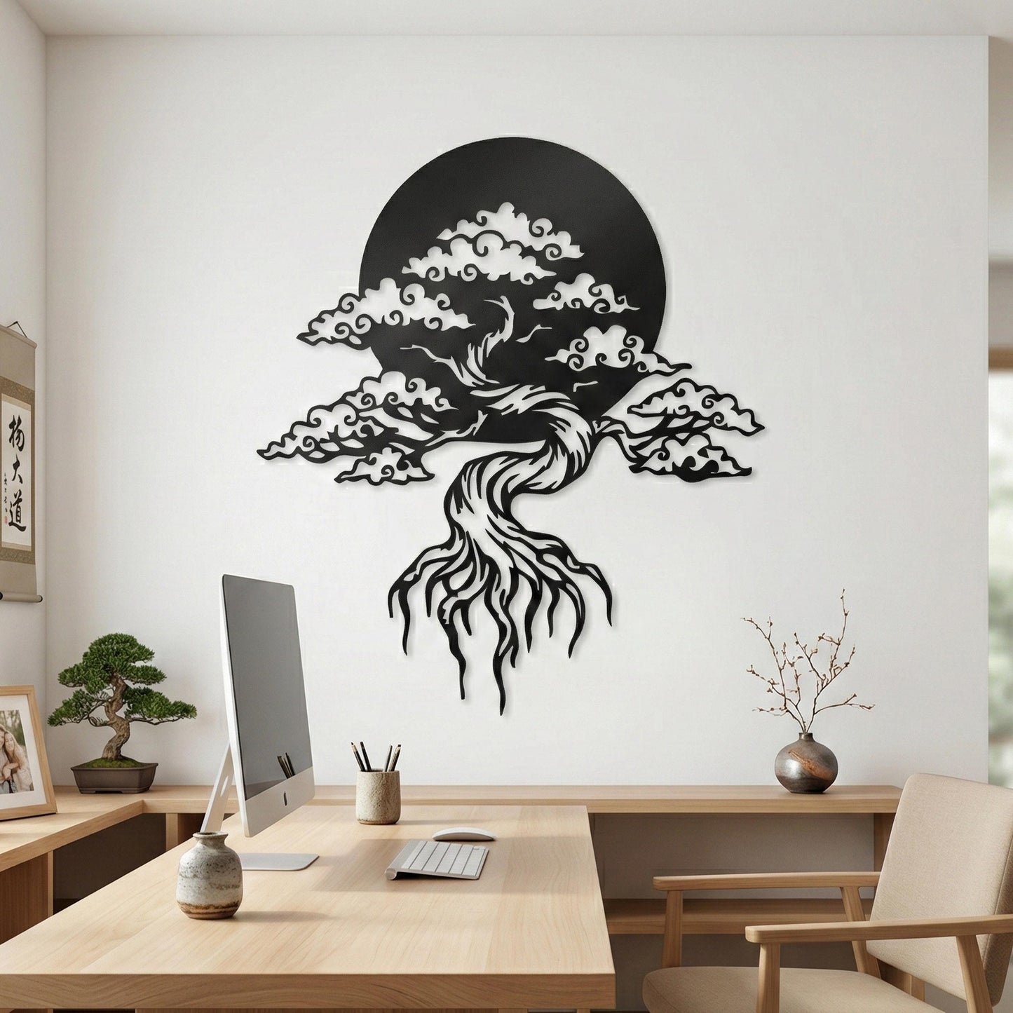 Bonsai Tree Metal Wall Art – Round Japanese Zen Garden Decor | Wallsignature