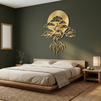 Bonsai Tree Metal Wall Art styled above a sofa