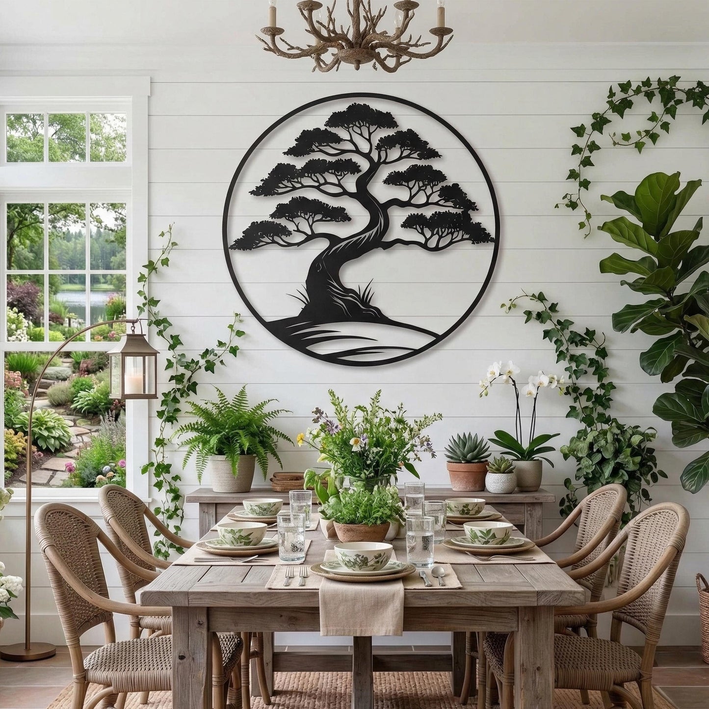 Bonsai Tree Metal Wall Art shown on a living room wall