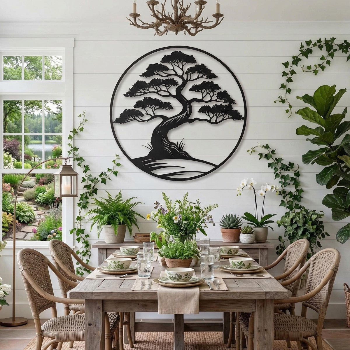 Bonsai Tree Metal Wall Art shown on a living room wall