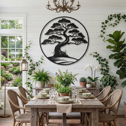 Bonsai Tree Metal Wall Art shown on a living room wall