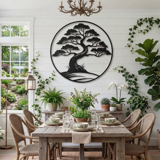 Bonsai Tree Metal Wall Art shown on a living room wall