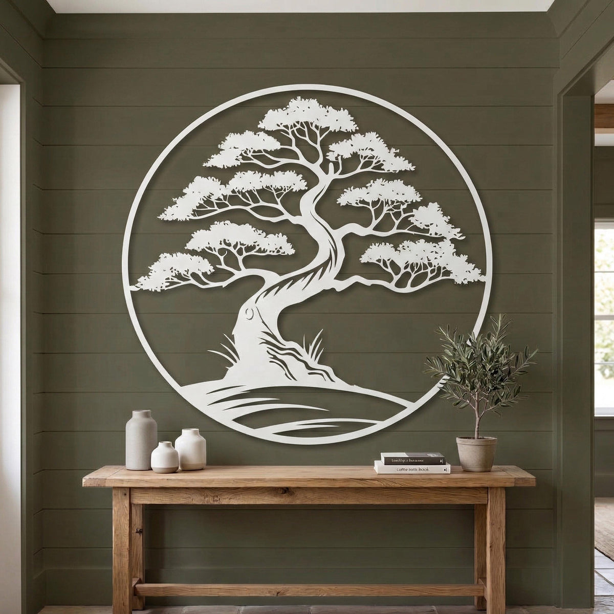 Bonsai Tree Metal Wall Art styled above a sofa