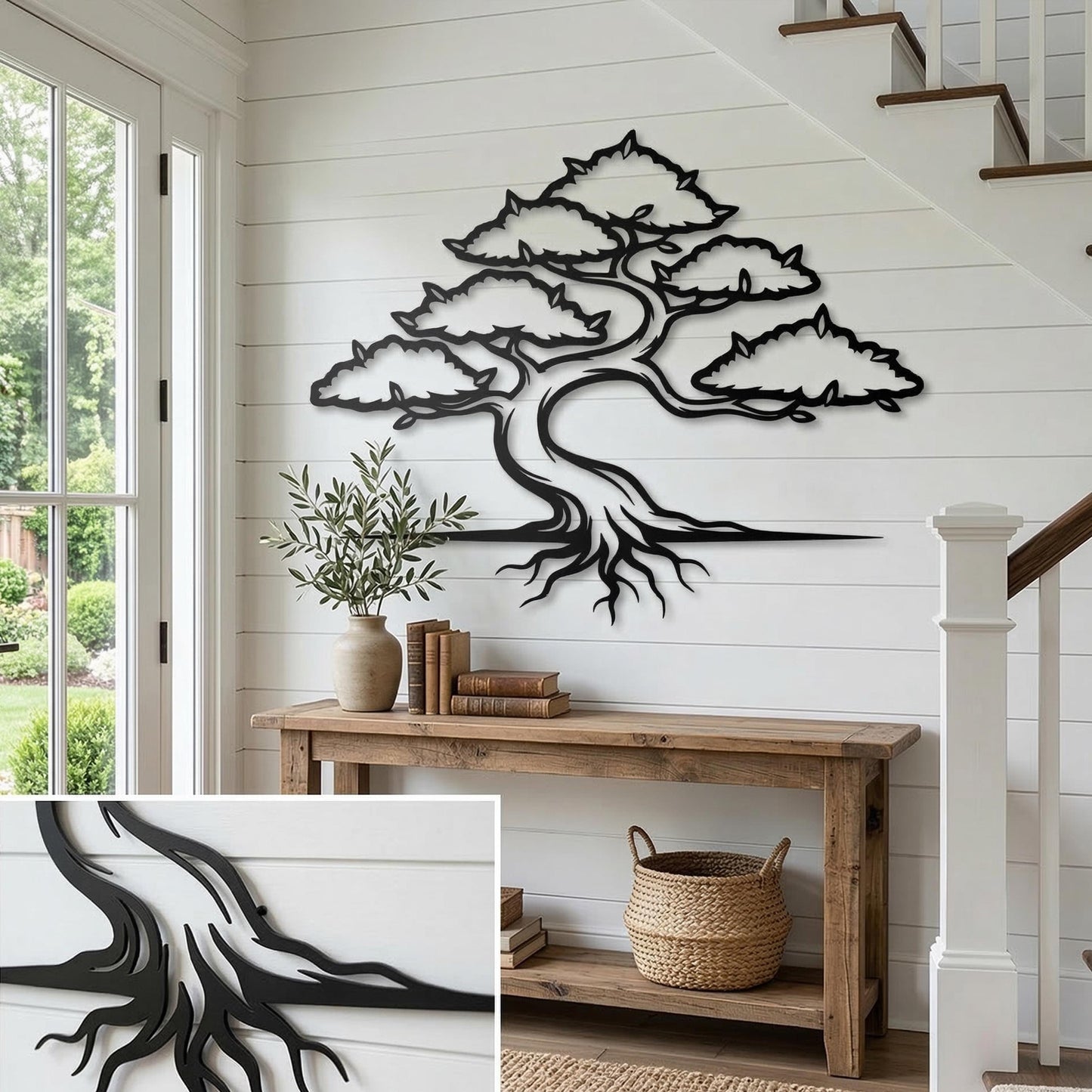 Metal Bonsai Tree Wall Art shown on a living room wall