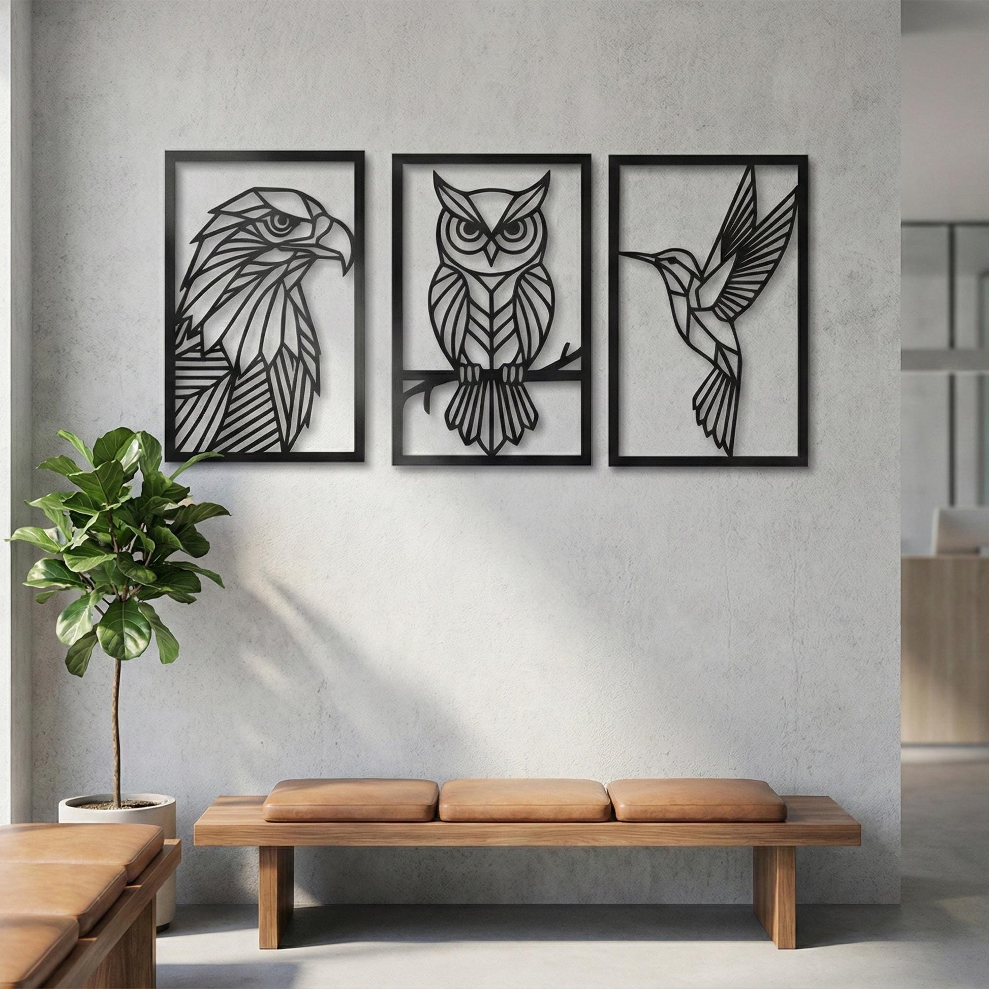 Geometric Bird Metal Wall Art Set, Eagle, Owl, Hummingbird, Modern Nature Decor | Wallsignature