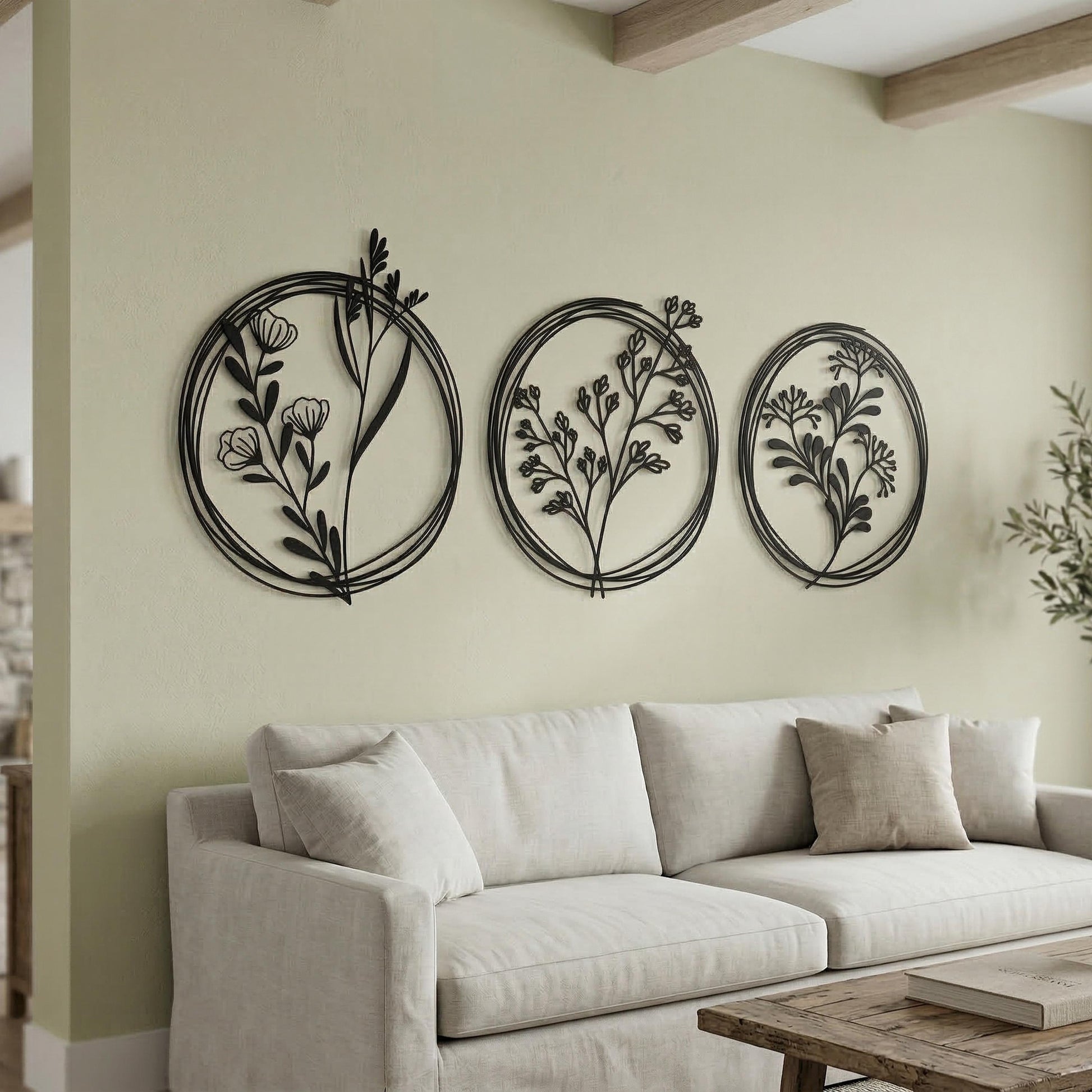 Set of 3 Metal Botanical Flower Wall Art, Modern Farmhouse Circles Living Room Decor | Wallsignature