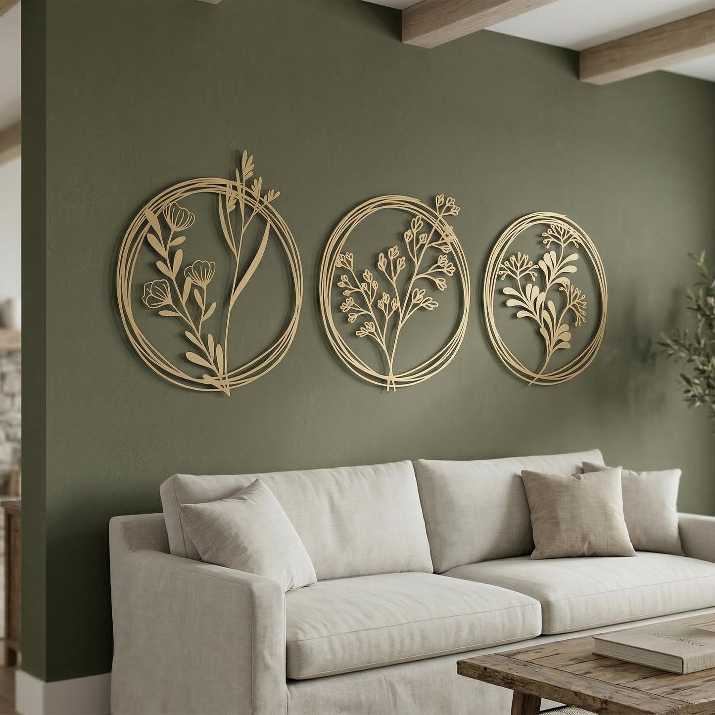 Set of 3 Metal Botanical Flower Wall Art, Modern Farmhouse Circles Living Room Decor | Wallsignature