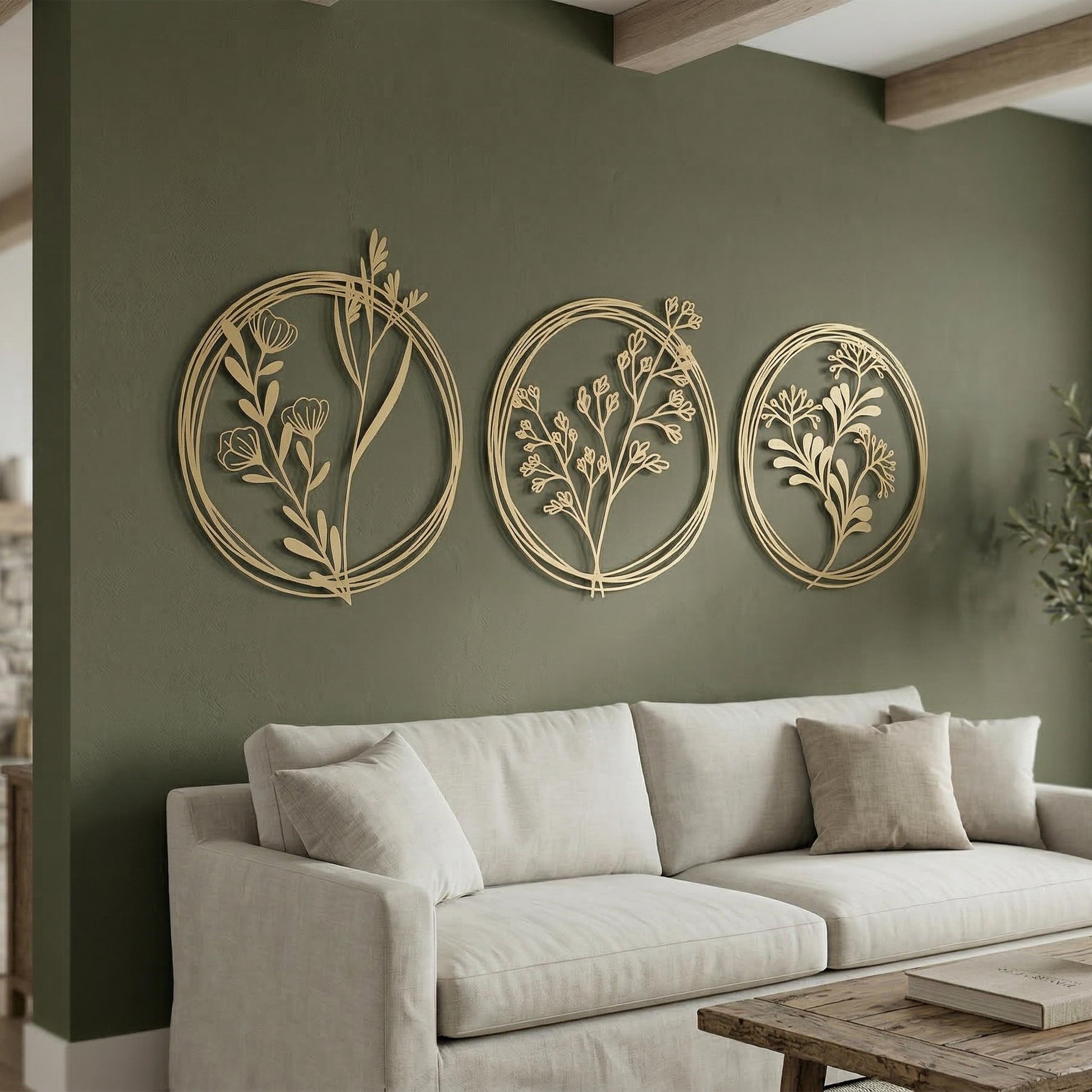 Set of 3 Metal Botanical Flower Wall Art, Modern Farmhouse Circles Living Room Decor | Wallsignature