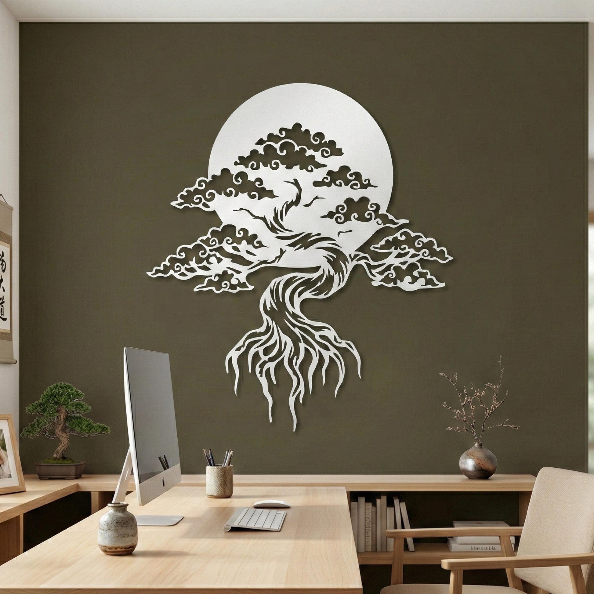 Bonsai Tree Metal Wall Art – Zen Japanese Sun Moon Decor | Wallsignature