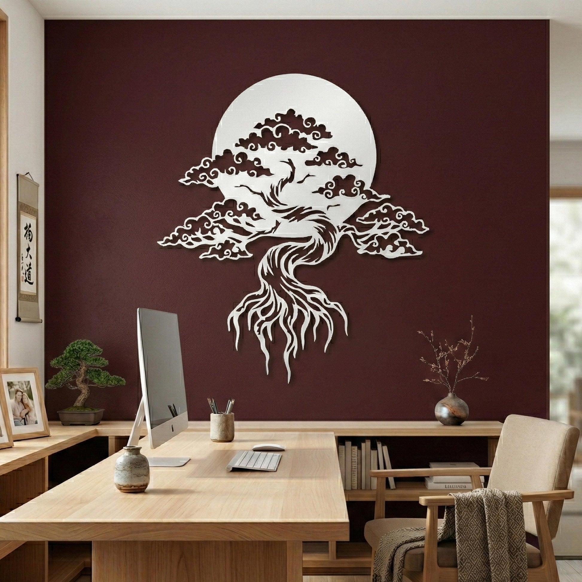 Bonsai Tree Metal Wall Art – Zen Japanese Sun Moon Decor | Wallsignature
