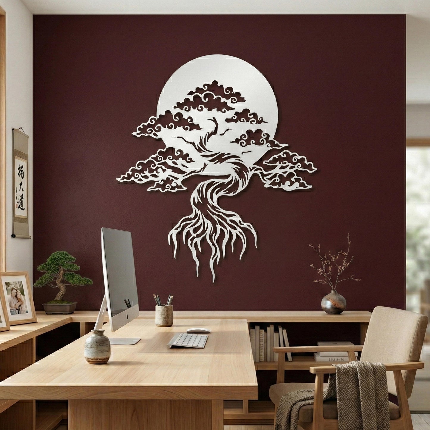 Bonsai Tree Metal Wall Art – Round Japanese Zen Garden Decor | Wallsignature