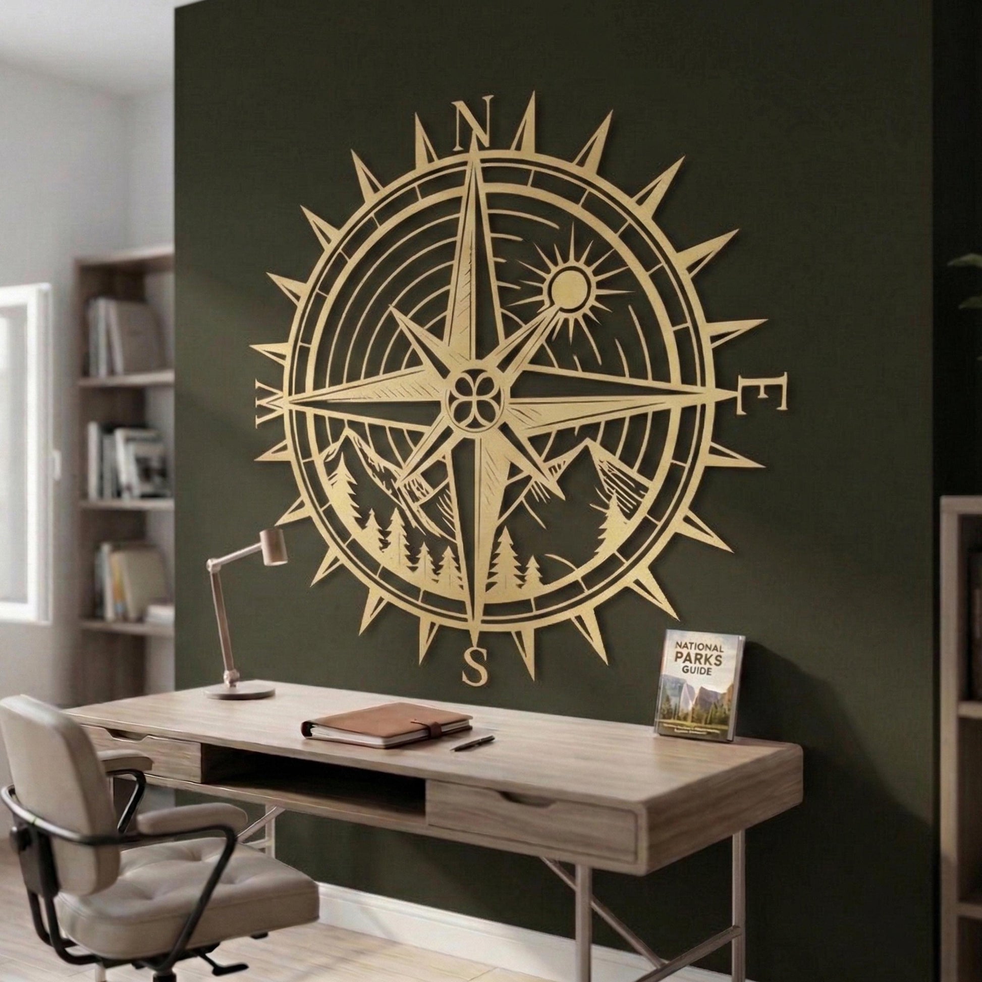 Compass Metal Wall Art, Mountain Forest Nature Decor, Adventure Traveler Gift, Large Compass Rose | Wallsignature
