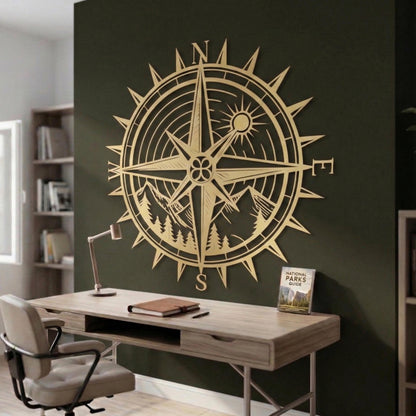 Compass Metal Wall Art size guide with dimensions in cm and inches