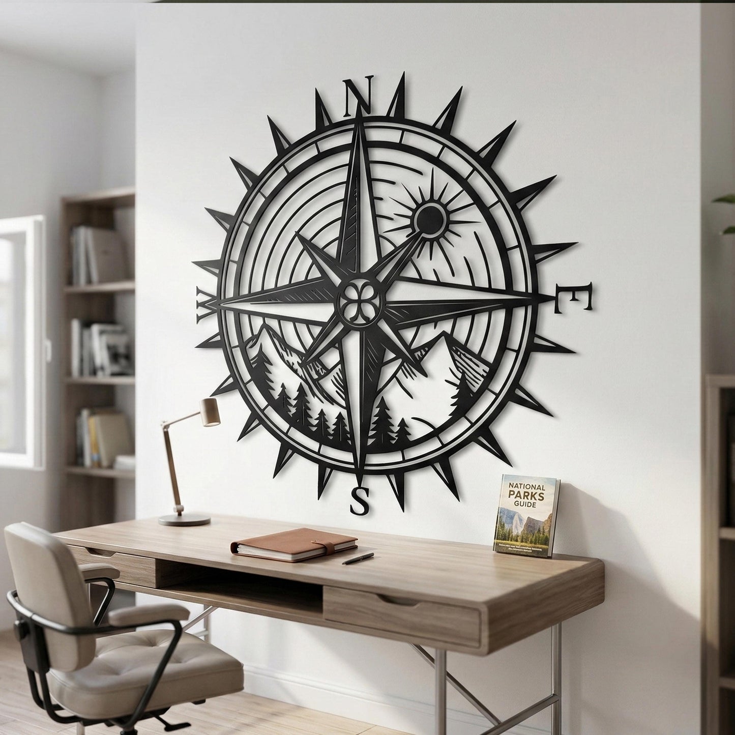 Compass Metal Wall Art, Mountain Forest Nature Decor, Adventure Traveler Gift, Large Compass Rose | Wallsignature
