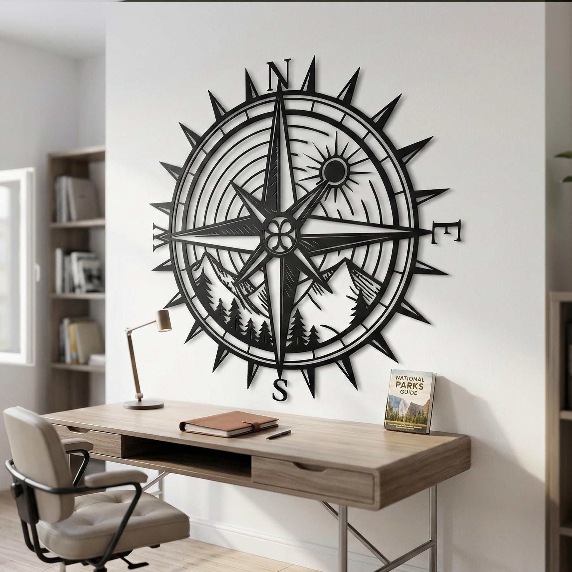 Compass Metal Wall Art, Mountain Forest Nature Decor, Adventure Traveler Gift, Large Compass Rose | Wallsignature