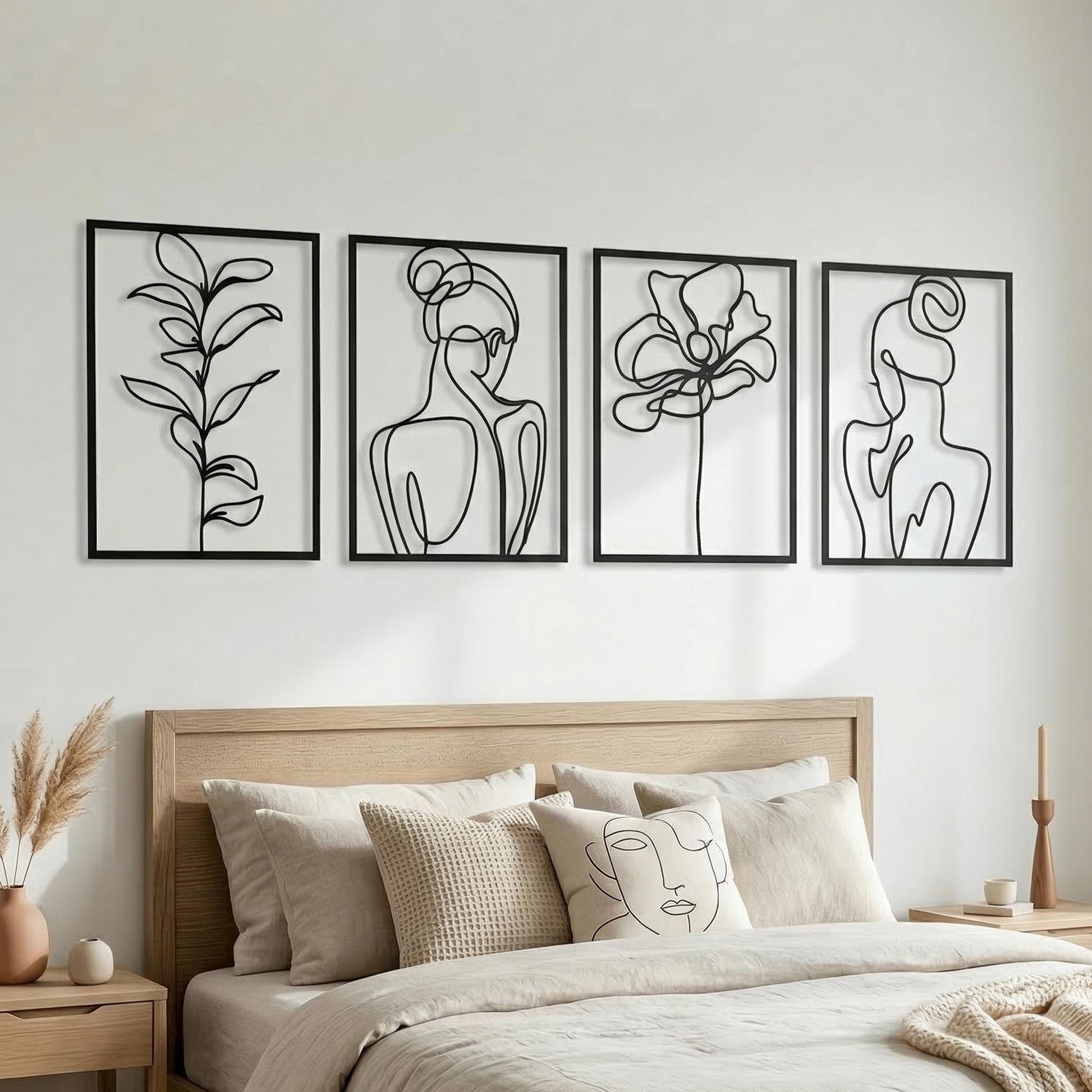 Minimalist Woman Body Line Art Metal Wall Decor Set, Botanical Flower Leaf Hanging | Wallsignature