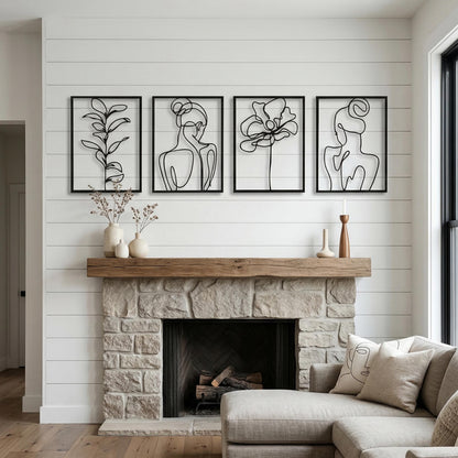 Minimalist Woman Body Line Art Metal Wall Decor Set shown on a living room wall