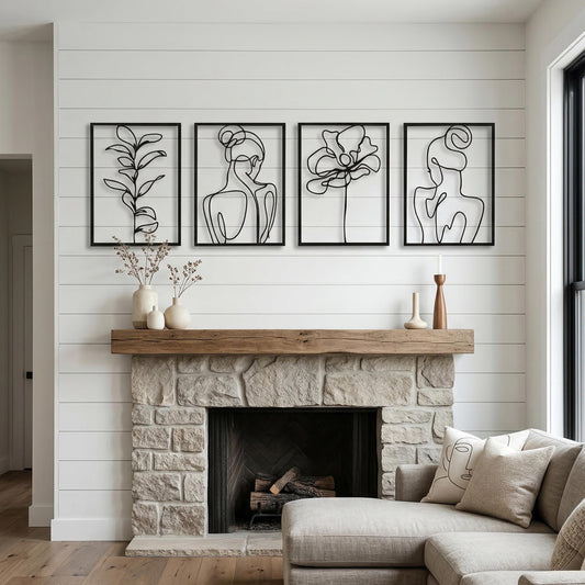 Minimalist Woman Body Line Art Metal Wall Decor Set shown on a living room wall