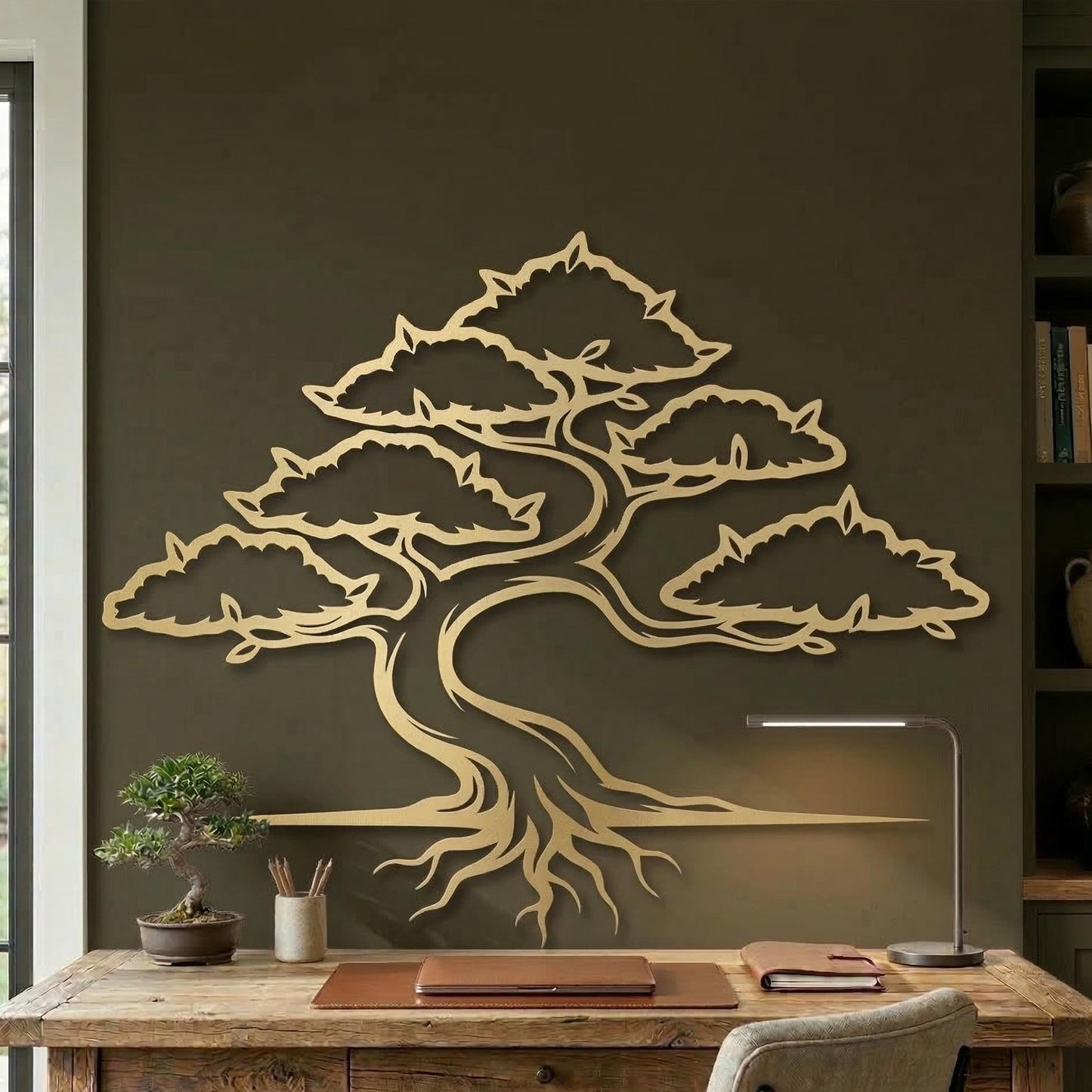 Metal Bonsai Tree Wall Art styled above a sofa