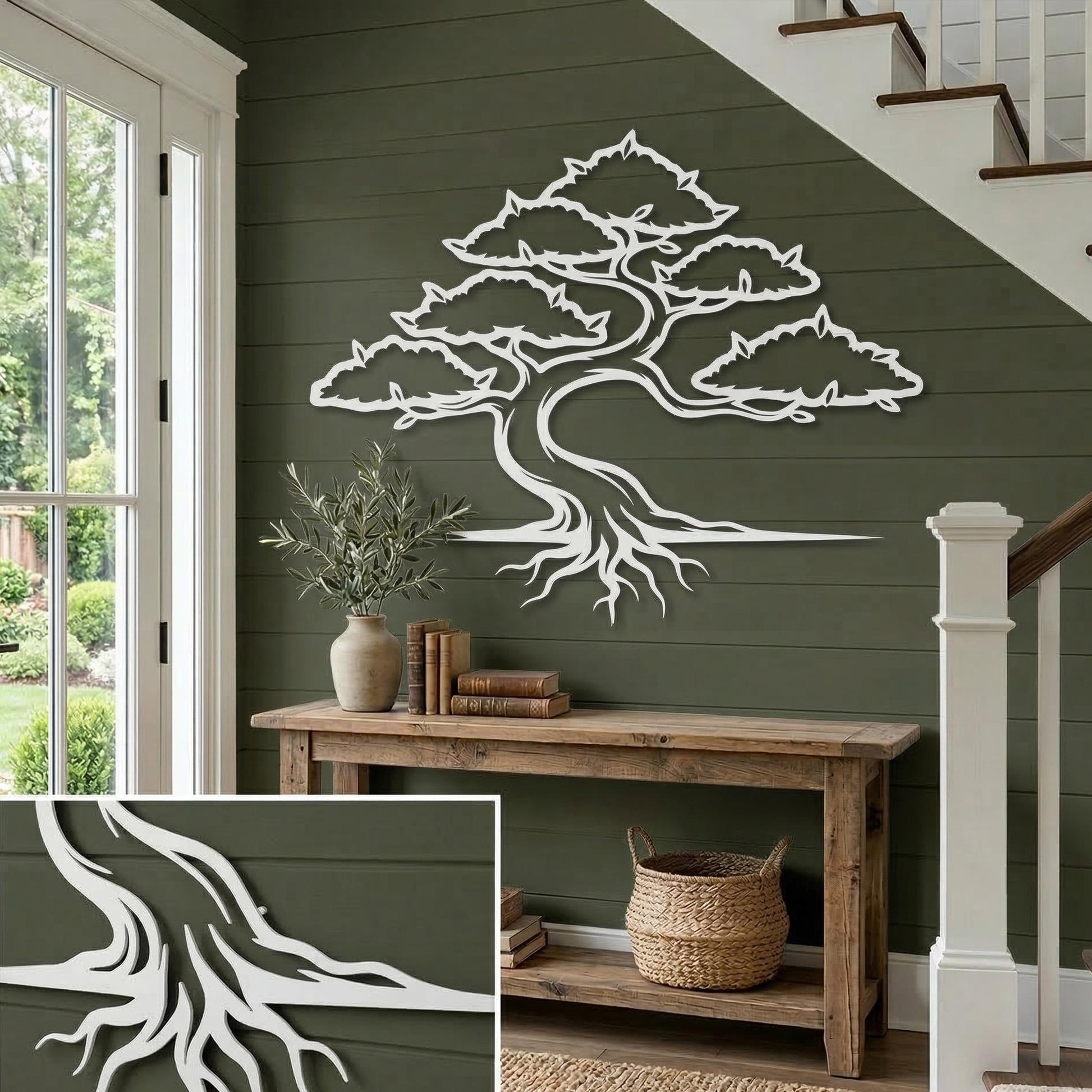 Metal Bonsai Tree Wall Art size guide with dimensions in cm and inches