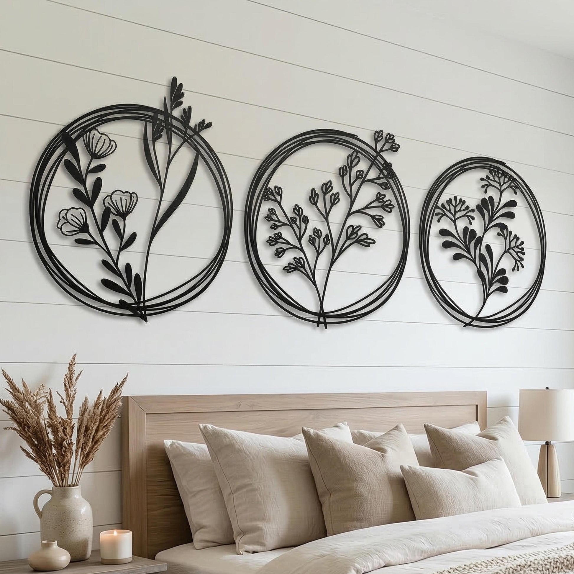 Set of 3 Metal Botanical Flower Wall Art, Modern Farmhouse Circles Living Room Decor | Wallsignature