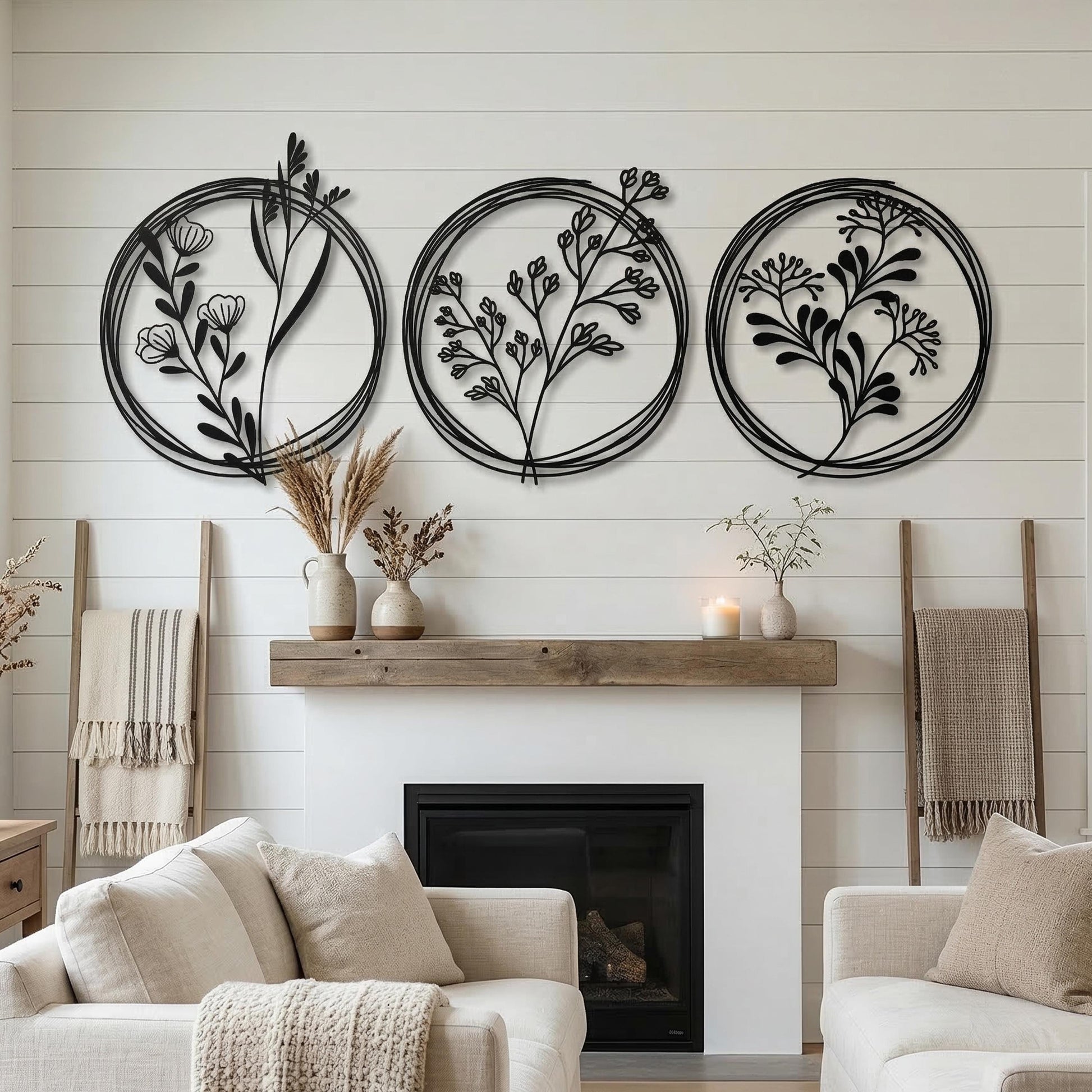 Set of 3 Metal Botanical Flower Wall Art, Modern Farmhouse Circles Living Room Decor | Wallsignature